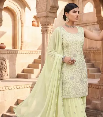 Womens designer georgette embroidered sharara set with sequence work and lace border dupatta