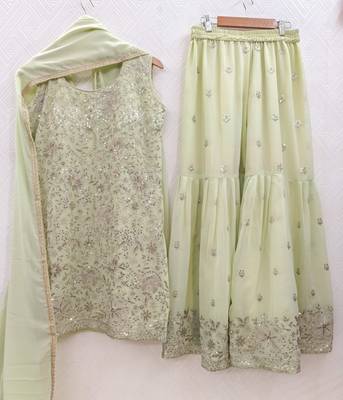 Womens georgette embroidered sharara set with sequence work and lace border dupatta 4