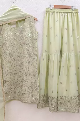 Womens designer georgette embroidered sharara set with sequence work and lace border dupatta