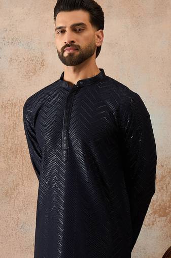 Mens blue rayon embroidered solid straight kurta