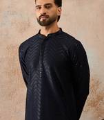 Mens blue rayon embroidered solid straight kurta