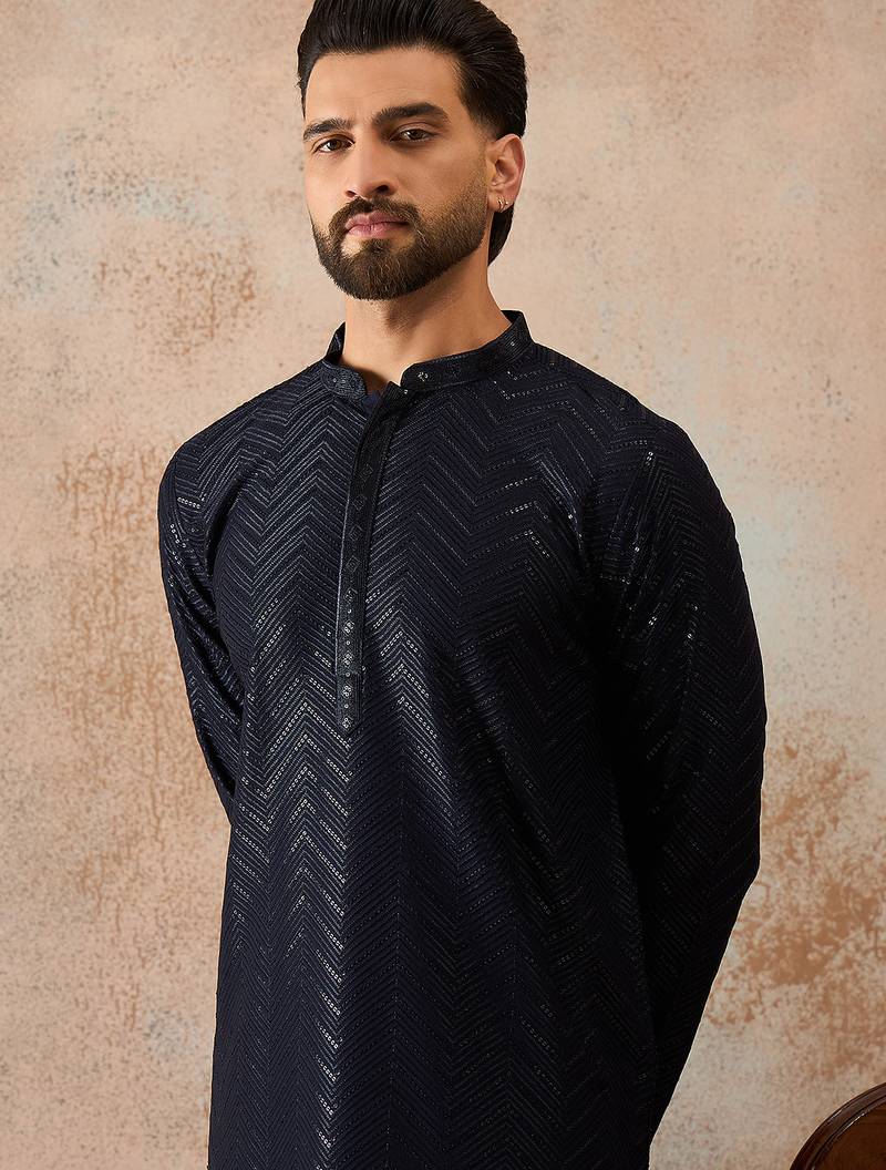 Mens blue rayon embroidered solid straight kurta