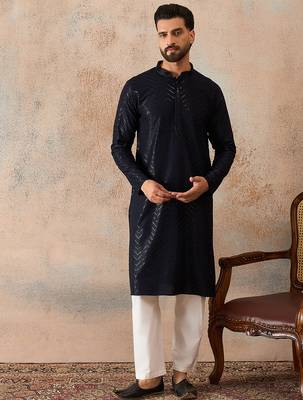 Mens blue rayon embroidered solid straight kurta 2