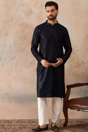 Mens blue rayon embroidered solid straight kurta