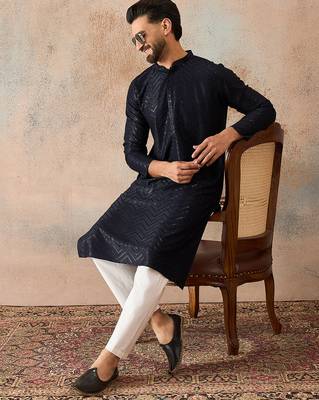 Mens blue rayon embroidered solid straight kurta 3