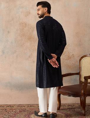 Mens blue rayon embroidered solid straight kurta 4