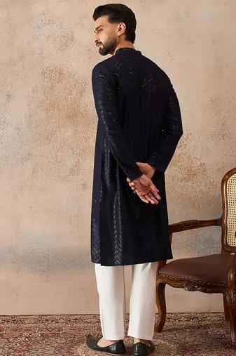 Mens blue rayon embroidered solid straight kurta