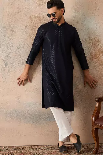 Mens blue rayon embroidered solid straight kurta