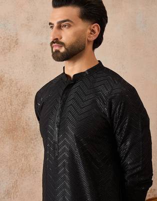 Mens black rayon embroidered solid straight kurta 1