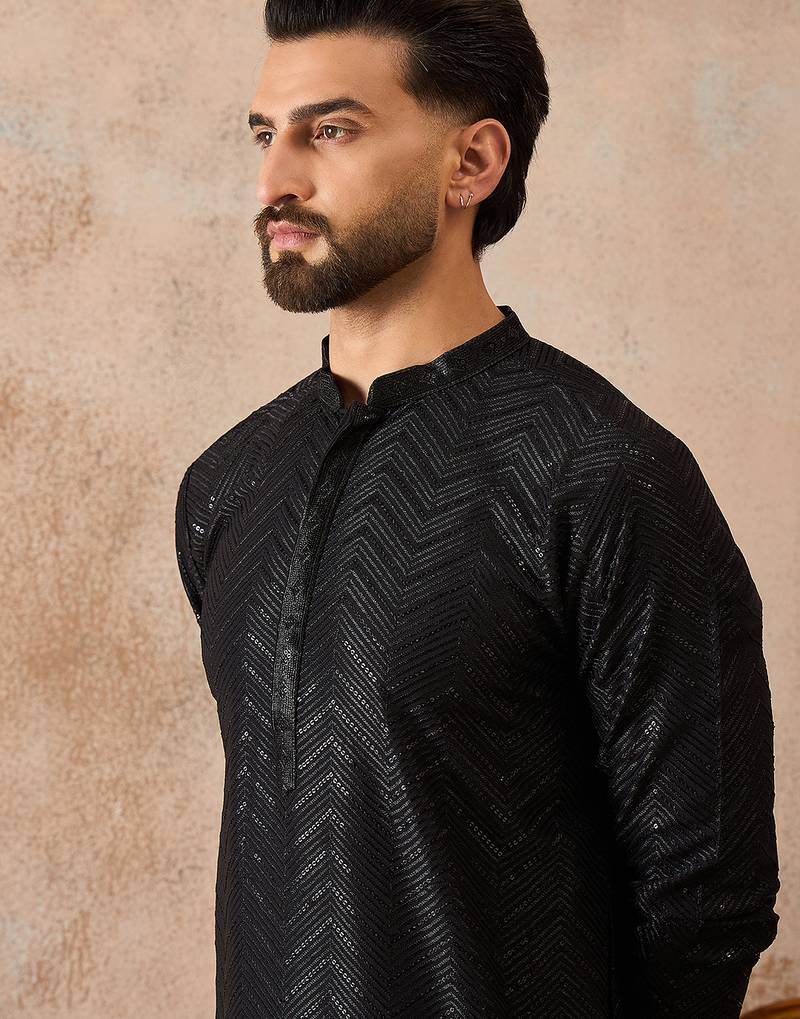Mens black rayon embroidered solid straight kurta
