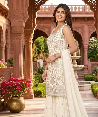 Womens new designer georgette embroidered sharara set with sequence work and lace border dupatta