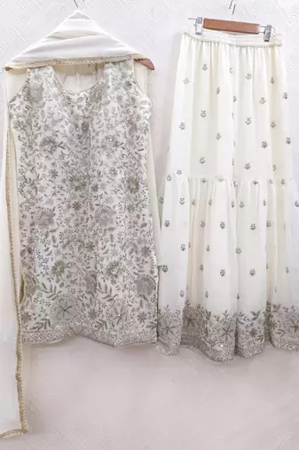 Womens new designer georgette embroidered sharara set with sequence work and lace border dupatta