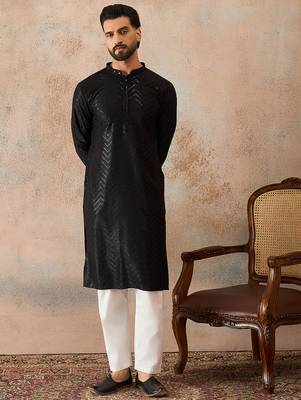 Mens black rayon embroidered solid straight kurta 2