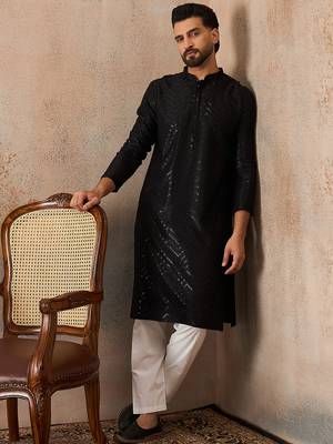 Mens black rayon embroidered solid straight kurta 3