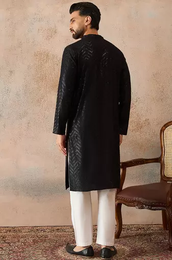 Mens black rayon embroidered solid straight kurta