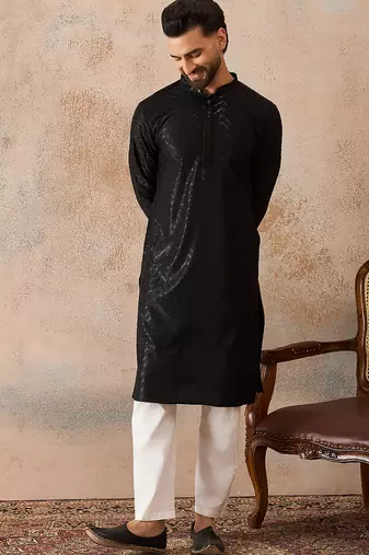 Mens black rayon embroidered solid straight kurta