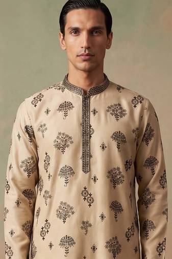 Mens silk blend embroidered solid cream kurta
