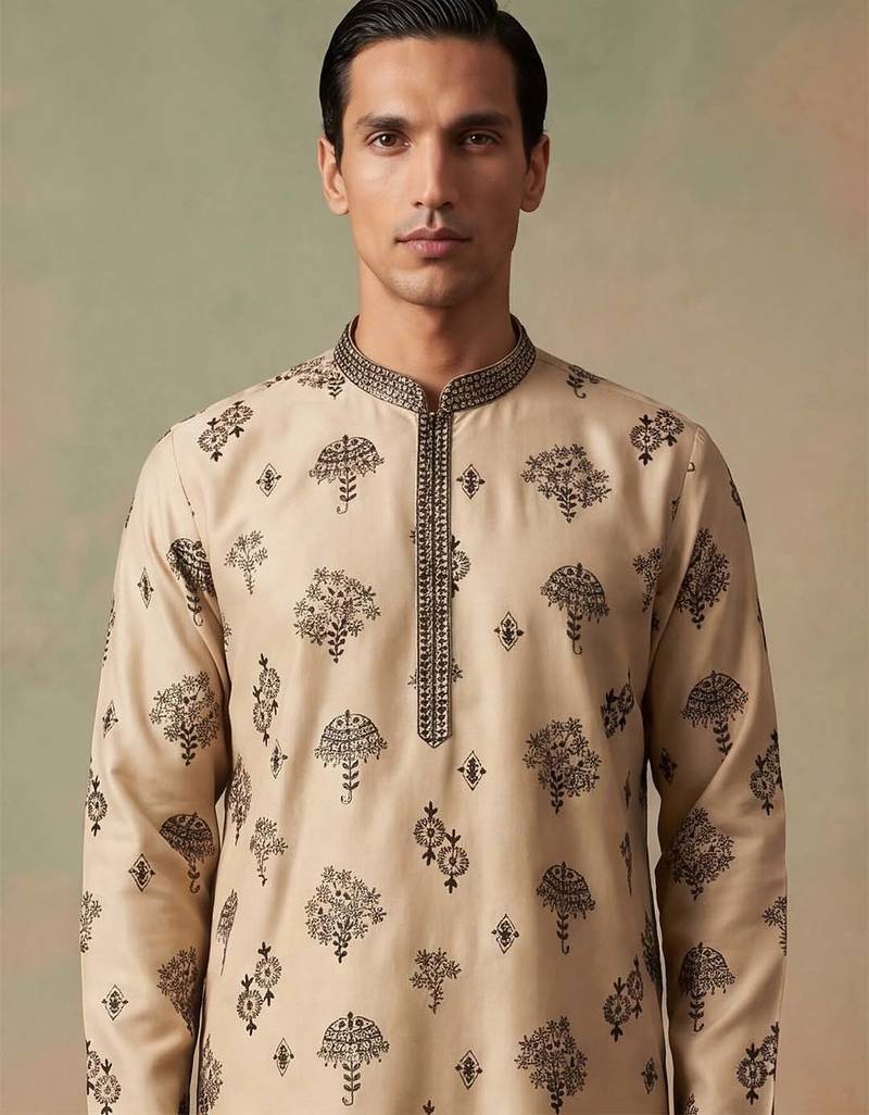 Mens silk blend embroidered solid cream kurta
