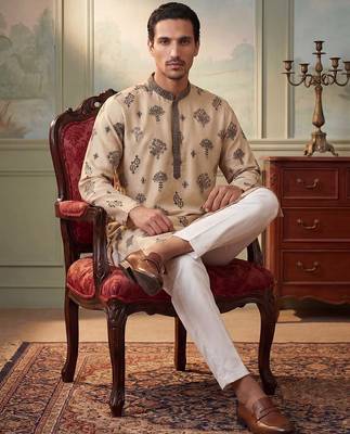 Mens silk blend embroidered solid cream kurta 2