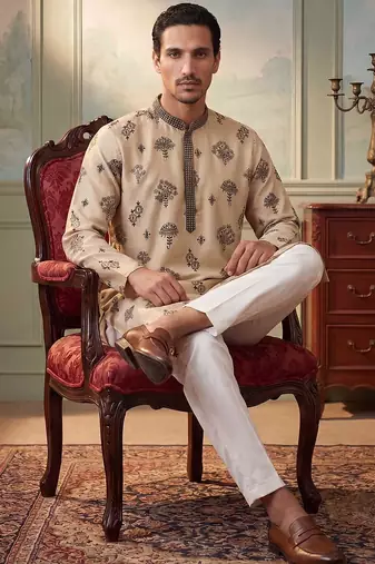 Mens silk blend embroidered solid cream kurta