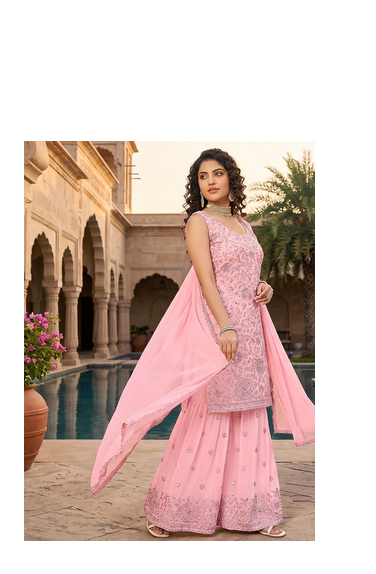 Womens new  georgette embroidered sharara set with sequence work and lace border dupatta 3