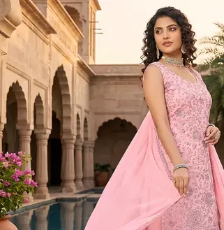 Womens new designer georgette embroidered sharara set with sequence work and lace border dupatta