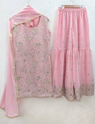 Womens new  georgette embroidered sharara set with sequence work and lace border dupatta 4