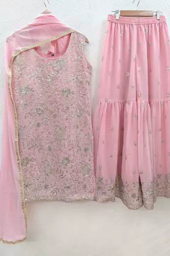 Womens new designer georgette embroidered sharara set with sequence work and lace border dupatta