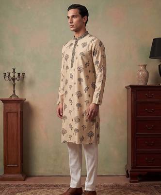 Mens silk blend embroidered solid cream kurta 3