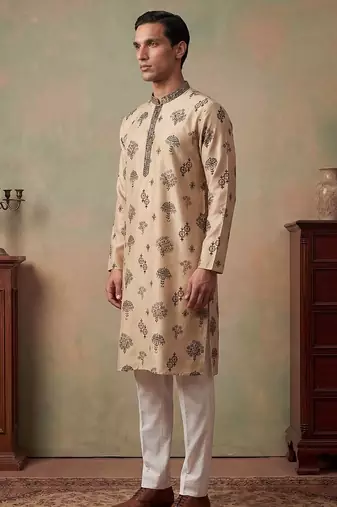 Mens silk blend embroidered solid cream kurta