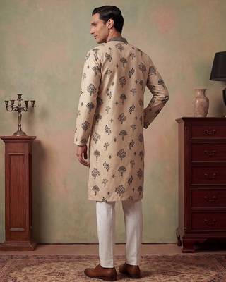 Mens silk blend embroidered solid cream kurta 4