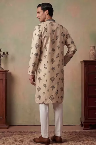 Mens silk blend embroidered solid cream kurta