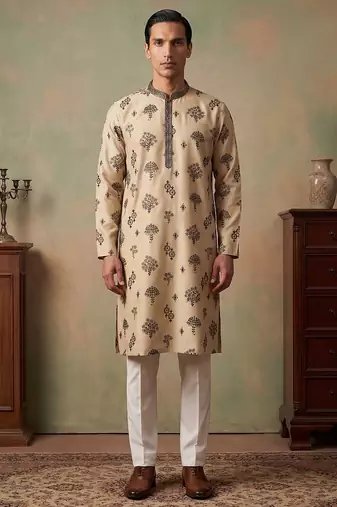 Mens silk blend embroidered solid cream kurta