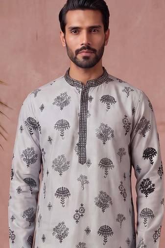 Mens silk blend embroidered solid blue kurta