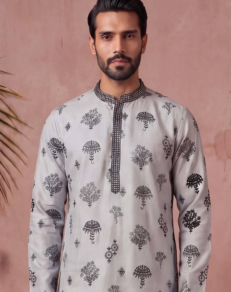 Mens silk blend embroidered solid blue kurta