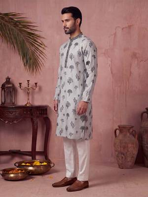 Mens silk blend embroidered solid blue kurta 3