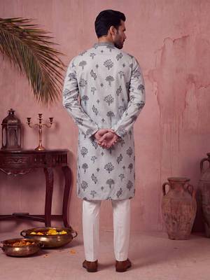 Mens silk blend embroidered solid blue kurta 4