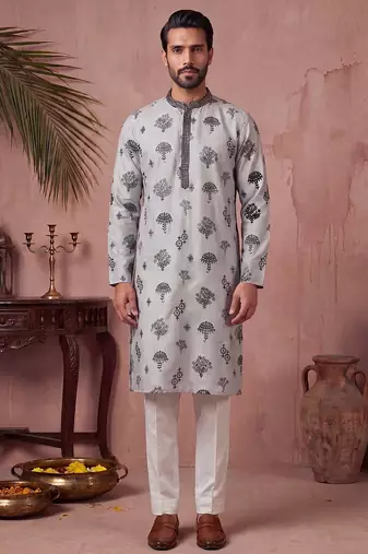 Mens silk blend embroidered solid blue kurta
