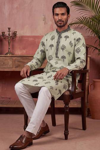 Mens silk blend embroidered solid green kurta