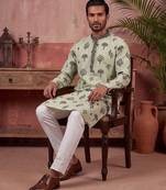 Mens silk blend embroidered solid green kurta