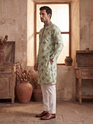Mens silk blend embroidered solid green kurta 3