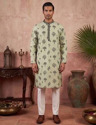 Mens silk blend embroidered solid green kurta 5