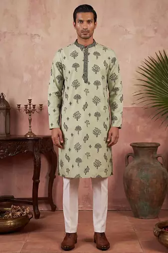 Mens silk blend embroidered solid green kurta