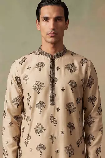 Mens silk blend embroidered solid cream kurta with trousers