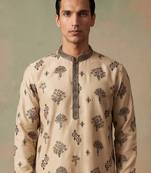 Mens silk blend embroidered solid cream kurta with trousers