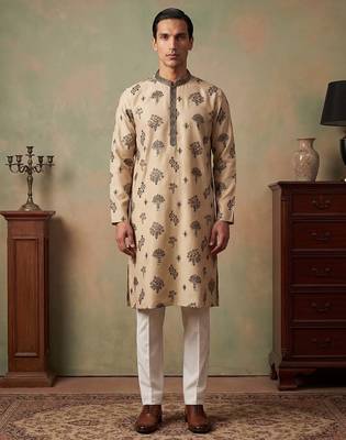 Mens silk blend embroidered solid cream kurta with trousers 5