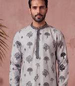 Mens silk blend embroidered solid blue kurta with trousers