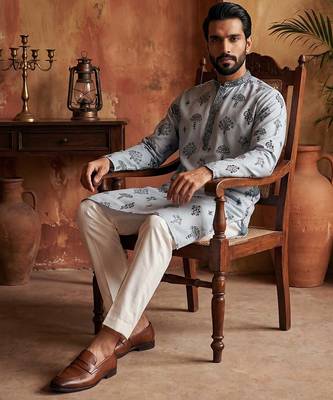 Mens silk blend embroidered solid blue kurta with trousers 2