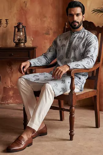 Mens silk blend embroidered solid blue kurta with trousers