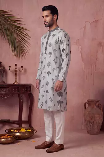 Mens silk blend embroidered solid blue kurta with trousers